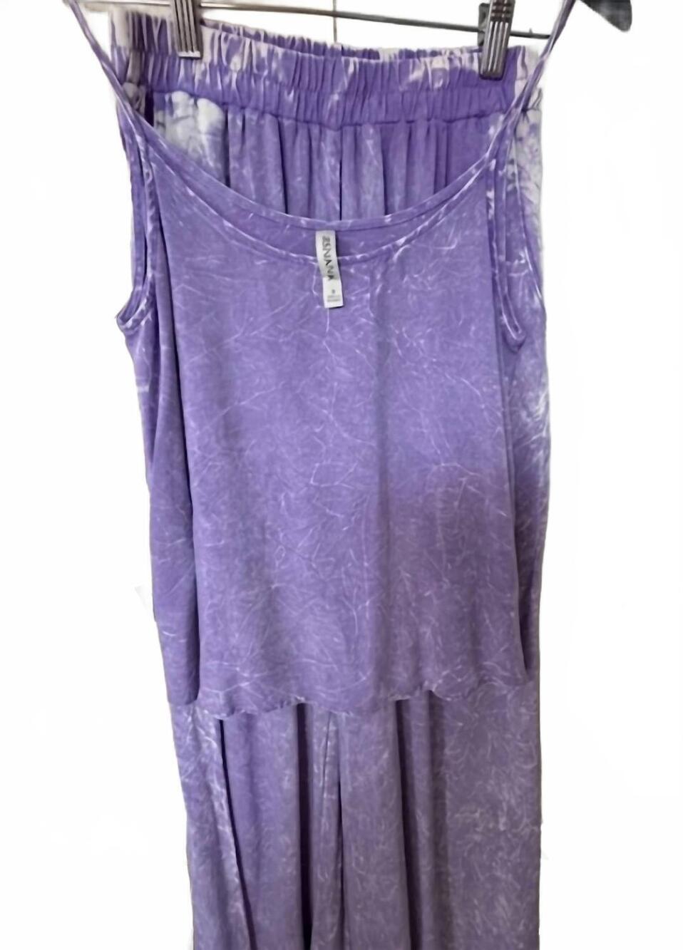 NEW ZENANA women's two piece tank flowy wide leg pants in purple acid wash  7262